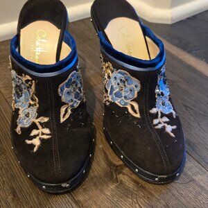 Cole Haan Embroidered Floral Clogs Blue Velvet Trim Studded Mule Size 5 Boho
